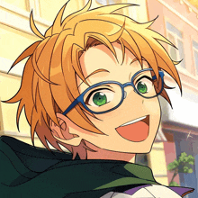 a close up of a person wearing glasses with green eyes