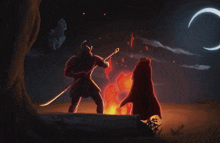 a man in a red cape is standing next to a samurai holding a sword