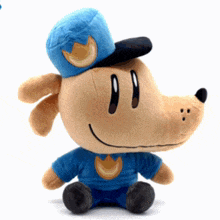 a stuffed animal wearing a blue shirt and hat