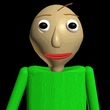 a cartoon character with big eyes and a green shirt has a red lip