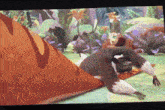 a cartoon of a fox laying on its back in a jungle