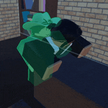 a green cowboy in a cowboy hat is reflected in a window