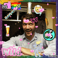 a picture of a man with a can on his head and the words rawr on the top