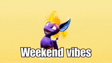 a purple dragon is standing on a yellow background with the words `` weekend vibes '' written below it .