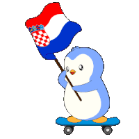 a penguin on a skateboard holding a flag