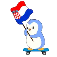 a penguin on a skateboard holding a flag