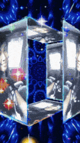 a picture of a woman in a car is displayed in a cube with a blue background