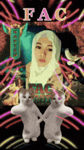 a woman in a hijab is surrounded by two cats and the words fac