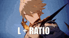 a cartoon character with a sword and the words l + ratio above him