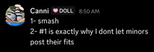 a screenshot of a conversation between canni and a doll