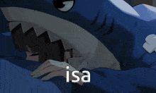 a girl in a shark costume has the word isa on the bottom
