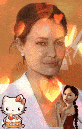 a hello kitty with a candle on a cake next to a woman 's face