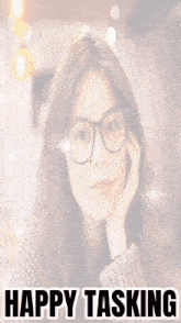 a picture of a woman with the words happy tasking below her