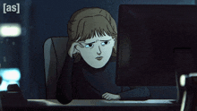 a cartoon of a woman sitting in front of a computer screen with the letters as visible