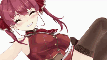 a girl with red hair and a red top is smiling