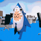 a cartoon shark wearing a tie and sunglasses is standing in an office