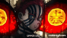 a close up of a person 's face with red and white stripes on it in front of red lanterns .