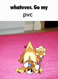 a cookie sitting on a pink rug with the words " whatever go my pvc " below it