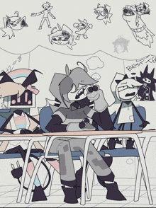 a drawing of people sitting at desks with the word best written on the wall above them