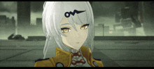 a girl with white hair and yellow eyes is wearing a gold jacket with buttons