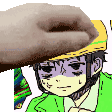 a cartoon of a boy wearing a green jacket and a hat with a donut on his head .