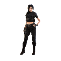 a woman in a black outfit with a gun on her hip