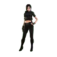 a woman in a black outfit with a gun on her hip