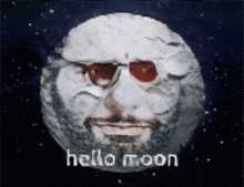 a picture of a man 's face on the moon with the words hello moon below it