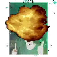 a pixel art of a person giving the middle finger with a huge explosion in the background