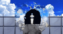 a man is standing in front of a wall with a blue sky in the background