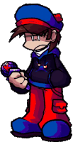a cartoon character is holding a microphone in his hand and wearing a blue hat .