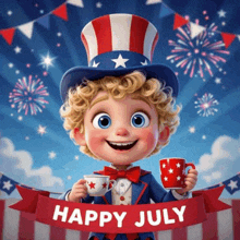 a little boy in an uncle sam costume is holding a cup of coffee and a banner that says happy july