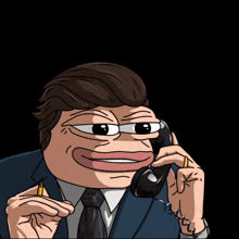 a cartoon of a man in a suit and tie talking on a cell phone