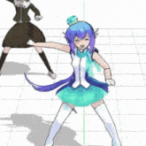 a cartoon girl with blue hair and white stockings