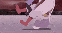 a cartoon character is running on the ground with a sword .