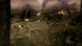 a painting of a destroyed field with a lot of trees and rocks .