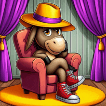 a cartoon donkey wearing a yellow hat and red shoes sits in a chair