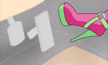 a cartoon drawing of a woman 's foot in a pink and green high heeled shoe