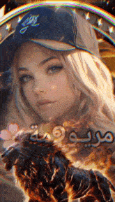 a woman wearing a baseball cap is standing next to a lion on fire
