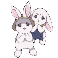 a couple of rabbits are standing next to each other and one is wearing a straw hat