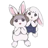 a couple of rabbits are standing next to each other and one is wearing a straw hat