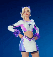 a cheerleader in a pink and purple outfit with pom poms