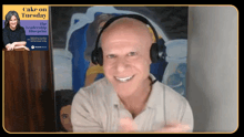 a man wearing headphones smiles in front of a cake on tuesday poster