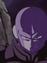 a close up of a purple cartoon character 's face