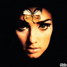a picture of a woman with a butterfly on her face has pixiz written on the bottom right