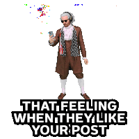 a man in a brown suit is dancing with the words that feeling when they like your post behind him