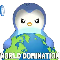 a penguin is holding a globe with the words world domination written below it