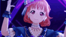 a girl with red hair is wearing a blue dress and earrings