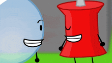 a red pin with arms and legs is smiling next to a blue object