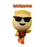 a yellow cartoon character wearing sunglasses and a red scarf says welcome